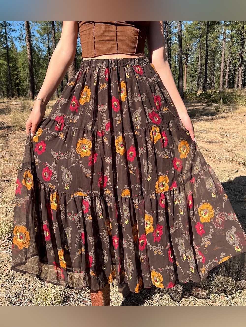 Vintage 90s/Y2K Autumn Brown Red Gold Floral Broomstick Gauzy Maxi Skirt Large